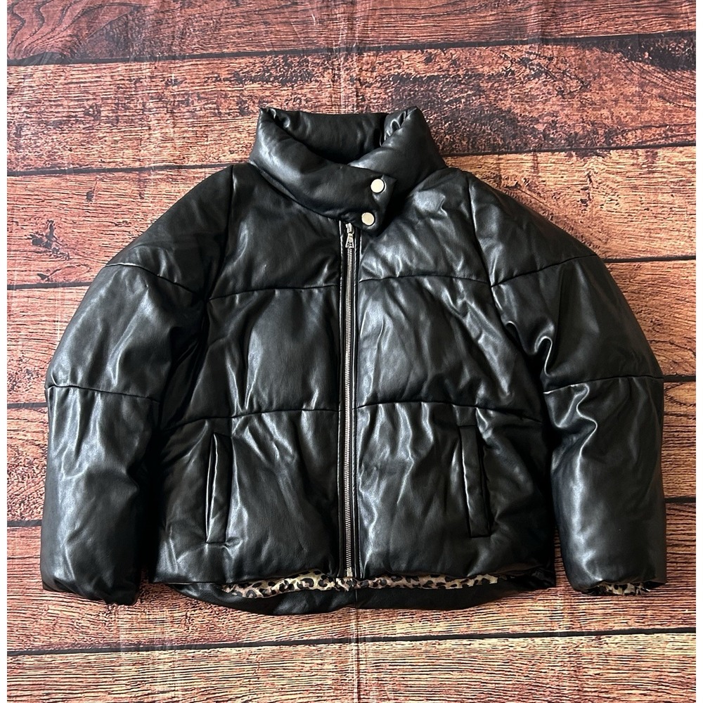 Milly Women's Small Black‎ Faux Leather Puffer Coat Quilted Winter Jacket